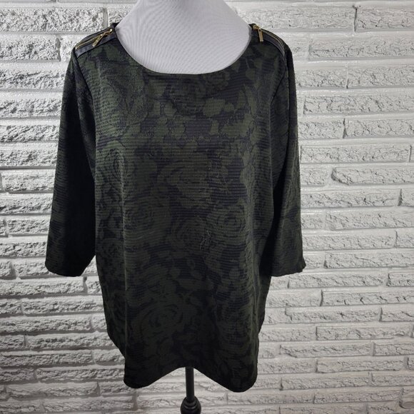 Rafaella Womens Top 2X Plus 3/4 Sleeve Green Roses Zip Shoulder FLO35E - Picture 1 of 9
